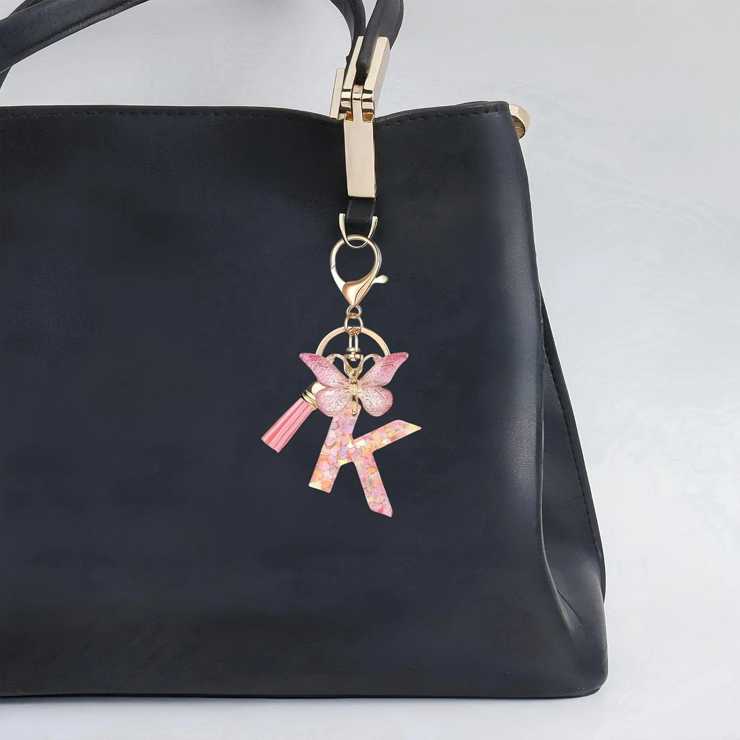 Pink Initial Letter Keychains for Women Girls Butterfly Tassel Cute Keychains Handbag Car Key Accessories Gift