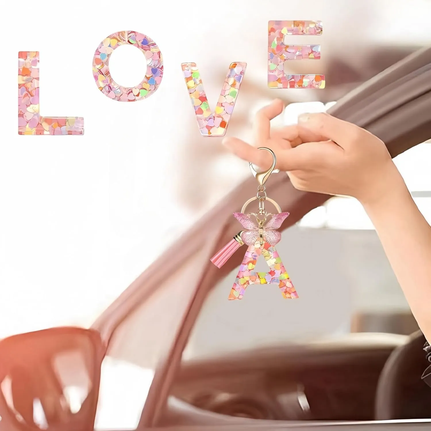 Pink Initial Letter Keychains for Women Girls Butterfly Tassel Cute Keychains Handbag Car Key Accessories Gift