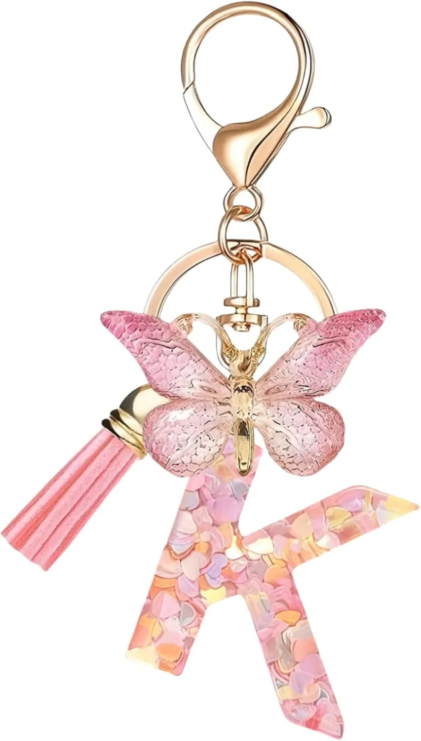 Pink Initial Letter Keychains for Women Girls Butterfly Tassel Cute Keychains Handbag Car Key Accessories Gift