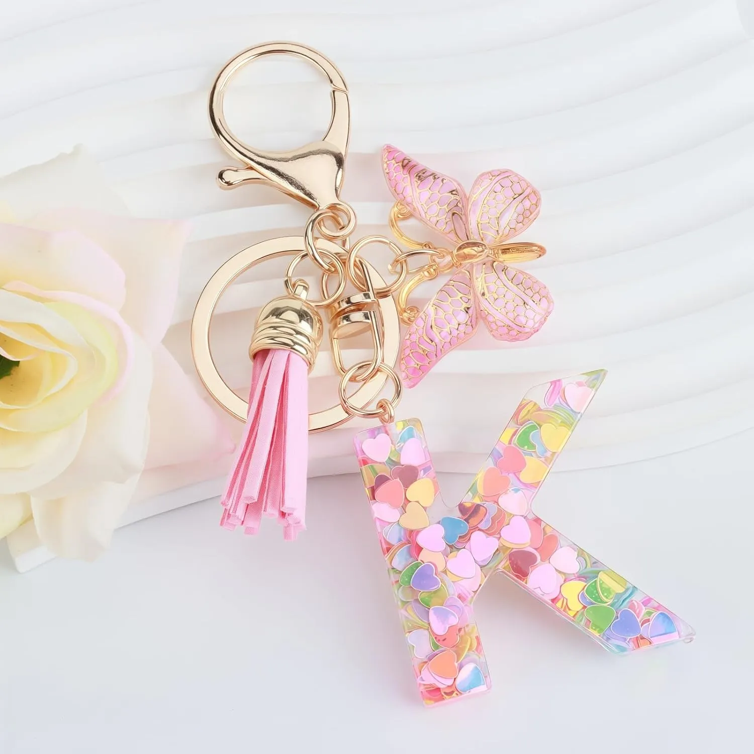 Pink Initial Letter Keychains for Women Girls Butterfly Tassel Cute Keychains Handbag Car Key Accessories Gift