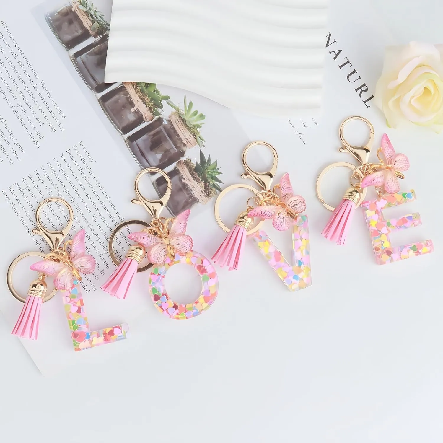 Pink Initial Letter Keychains for Women Girls Butterfly Tassel Cute Keychains Handbag Car Key Accessories Gift