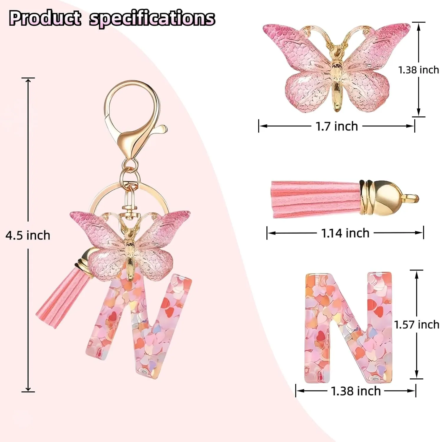 Pink Initial Letter Keychains for Women Girls Butterfly Tassel Cute Keychains Handbag Car Key Accessories Gift