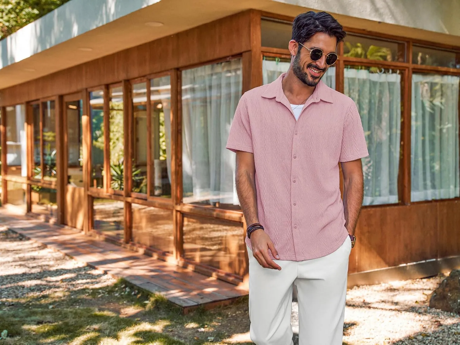 PJ PAUL JONES Mens Button Down Shirts Casual Short Sleeve Shirts Summer Knit Textured Shirt