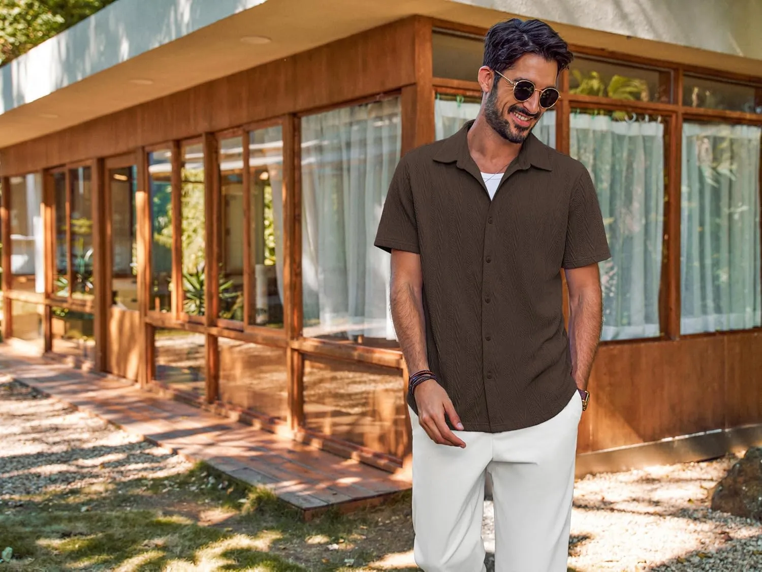 PJ PAUL JONES Mens Button Down Shirts Casual Short Sleeve Shirts Summer Knit Textured Shirt