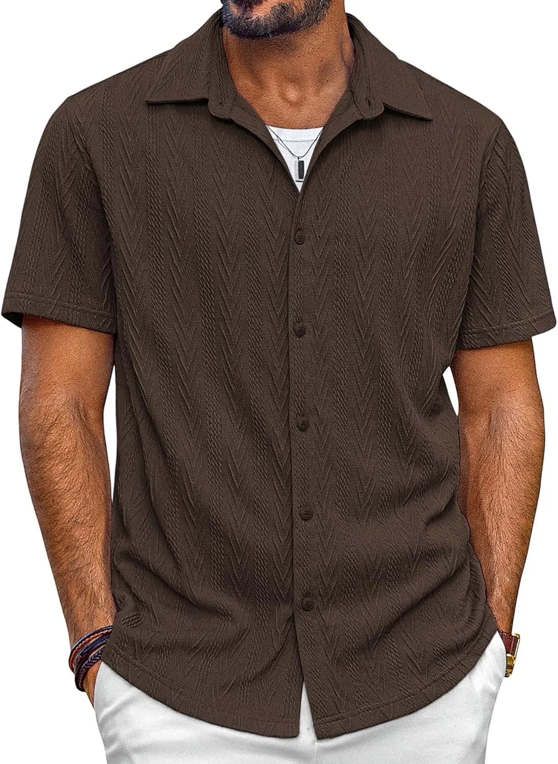 PJ PAUL JONES Mens Button Down Shirts Casual Short Sleeve Shirts Summer Knit Textured Shirt