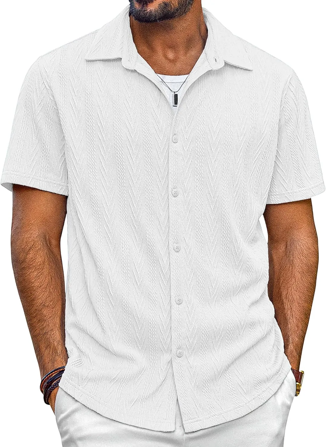 PJ PAUL JONES Mens Button Down Shirts Casual Short Sleeve Shirts Summer Knit Textured Shirt