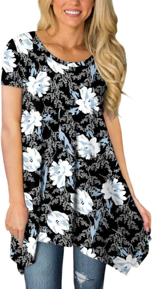 POPYOUNG Short Sleeve Shirts for Womens Plus Size Tunic Summer Swing Asymmetrical Long Tops Blouses with leggings