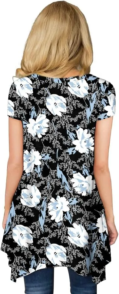 POPYOUNG Short Sleeve Shirts for Womens Plus Size Tunic Summer Swing Asymmetrical Long Tops Blouses with leggings