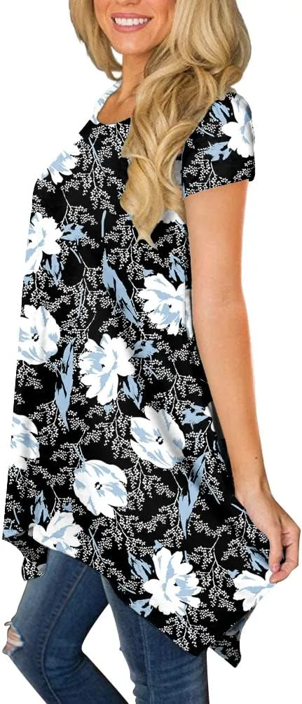 POPYOUNG Short Sleeve Shirts for Womens Plus Size Tunic Summer Swing Asymmetrical Long Tops Blouses with leggings