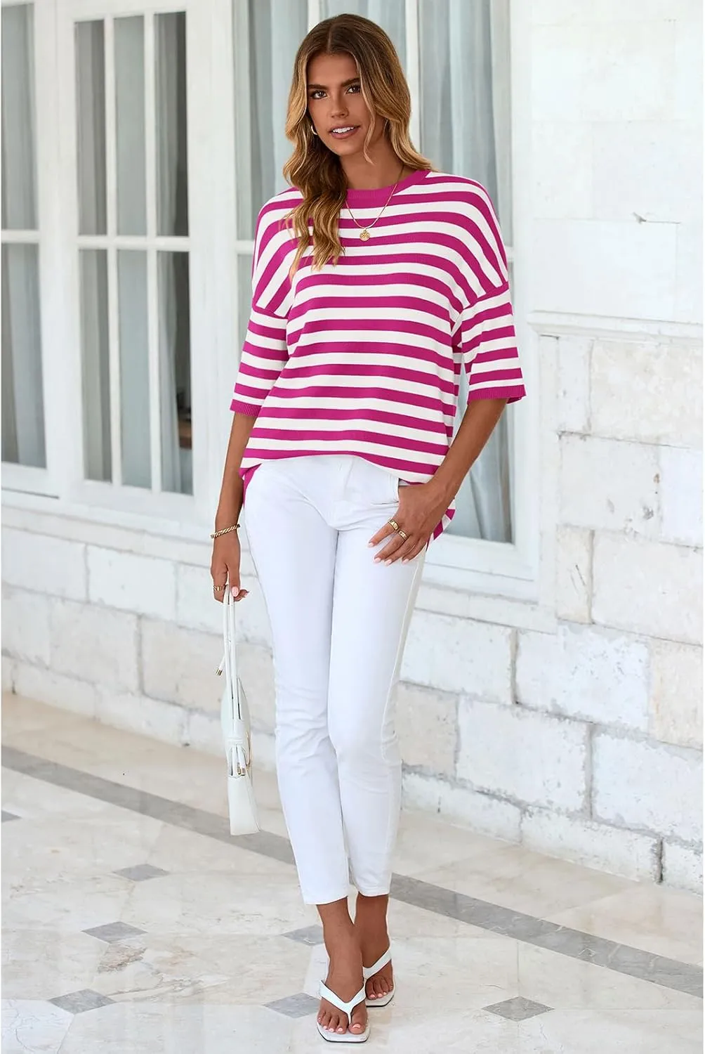 PRETTYGARDEN Womens Spring Summer Tops Fashion Striped Short Sleeve Sweater Crew Neck Lightweight Knit Oversized Shirts 2025