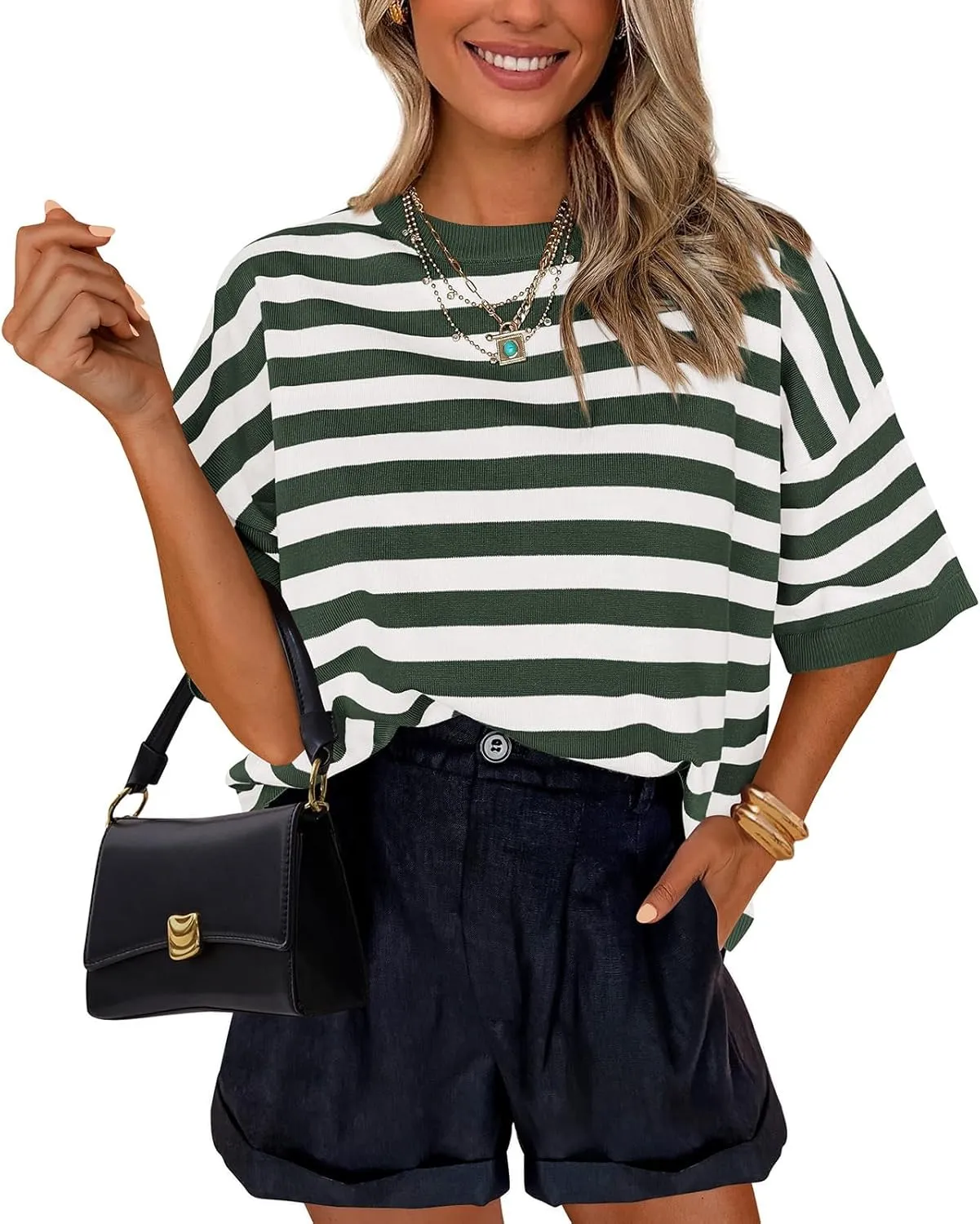 PRETTYGARDEN Womens Spring Summer Tops Fashion Striped Short Sleeve Sweater Crew Neck Lightweight Knit Oversized Shirts 2025