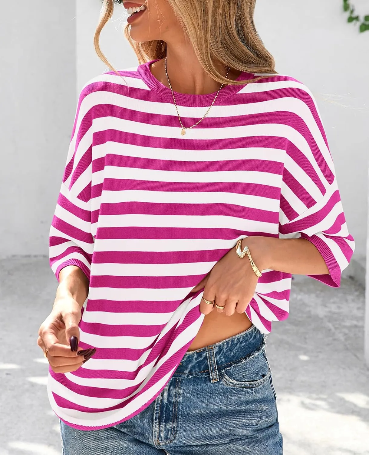 PRETTYGARDEN Womens Spring Summer Tops Fashion Striped Short Sleeve Sweater Crew Neck Lightweight Knit Oversized Shirts 2025