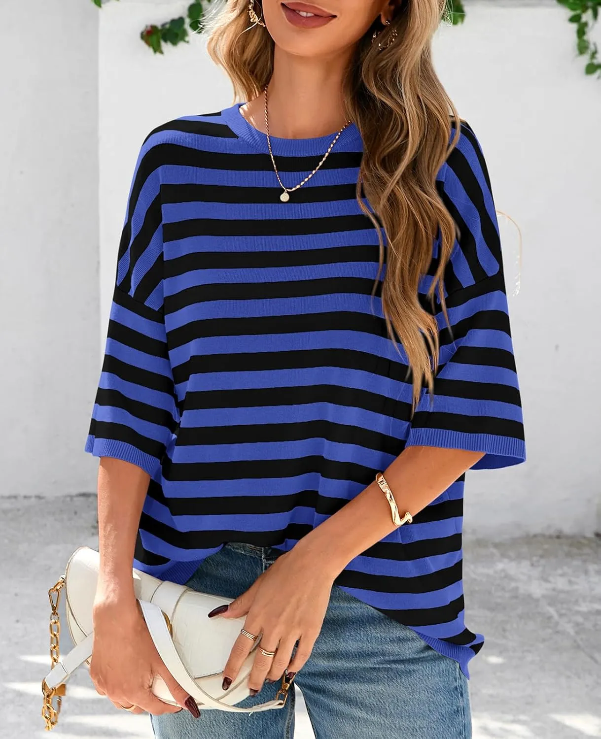 PRETTYGARDEN Womens Spring Summer Tops Fashion Striped Short Sleeve Sweater Crew Neck Lightweight Knit Oversized Shirts 2025