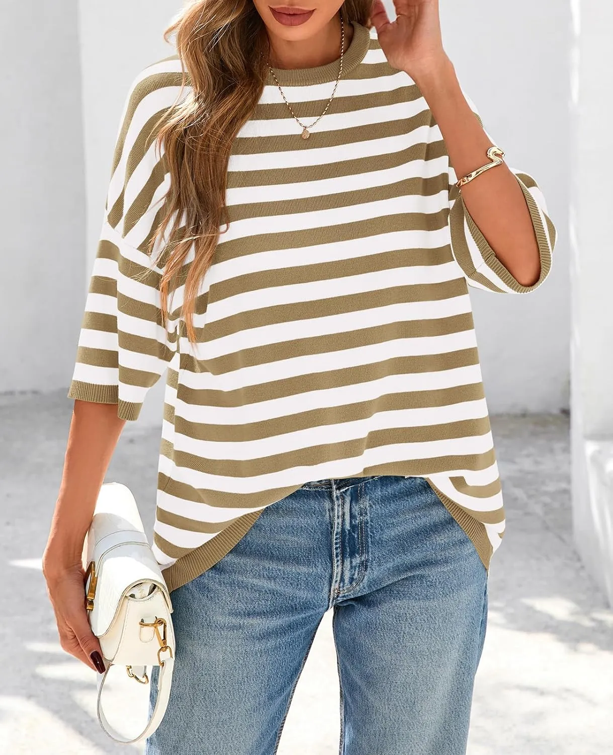 PRETTYGARDEN Womens Spring Summer Tops Fashion Striped Short Sleeve Sweater Crew Neck Lightweight Knit Oversized Shirts 2025