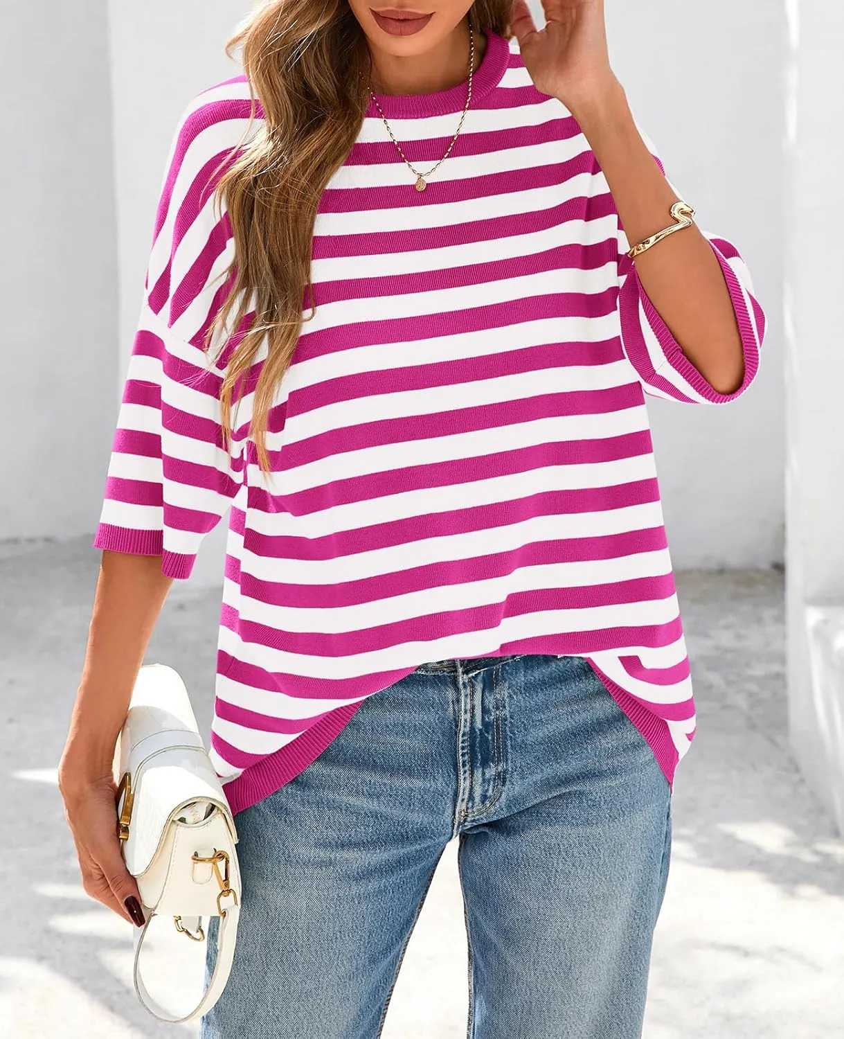 PRETTYGARDEN Womens Spring Summer Tops Fashion Striped Short Sleeve Sweater Crew Neck Lightweight Knit Oversized Shirts 2025