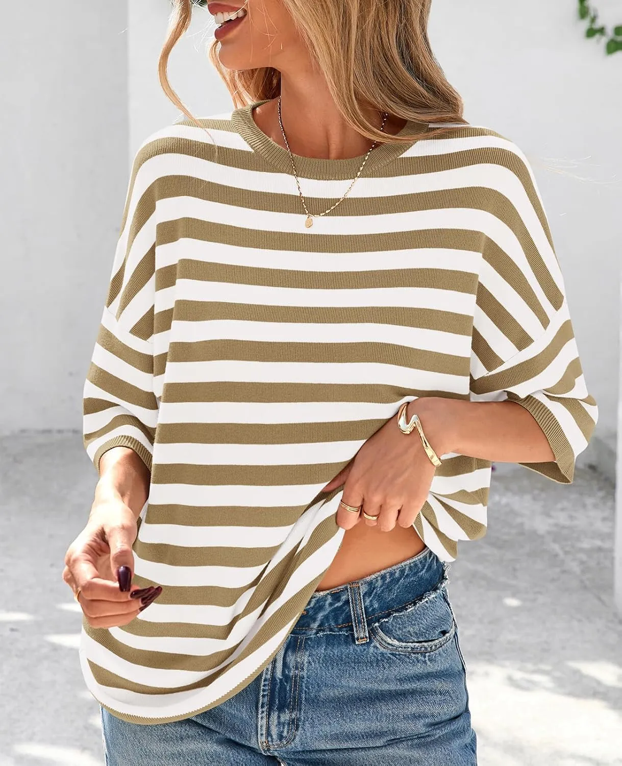 PRETTYGARDEN Womens Spring Summer Tops Fashion Striped Short Sleeve Sweater Crew Neck Lightweight Knit Oversized Shirts 2025