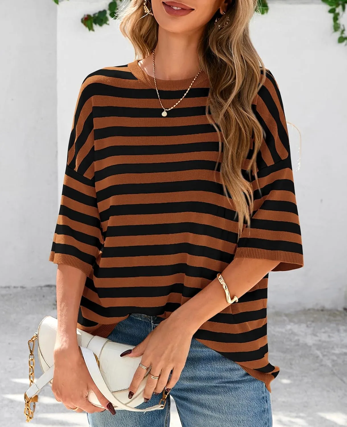 PRETTYGARDEN Womens Spring Summer Tops Fashion Striped Short Sleeve Sweater Crew Neck Lightweight Knit Oversized Shirts 2025