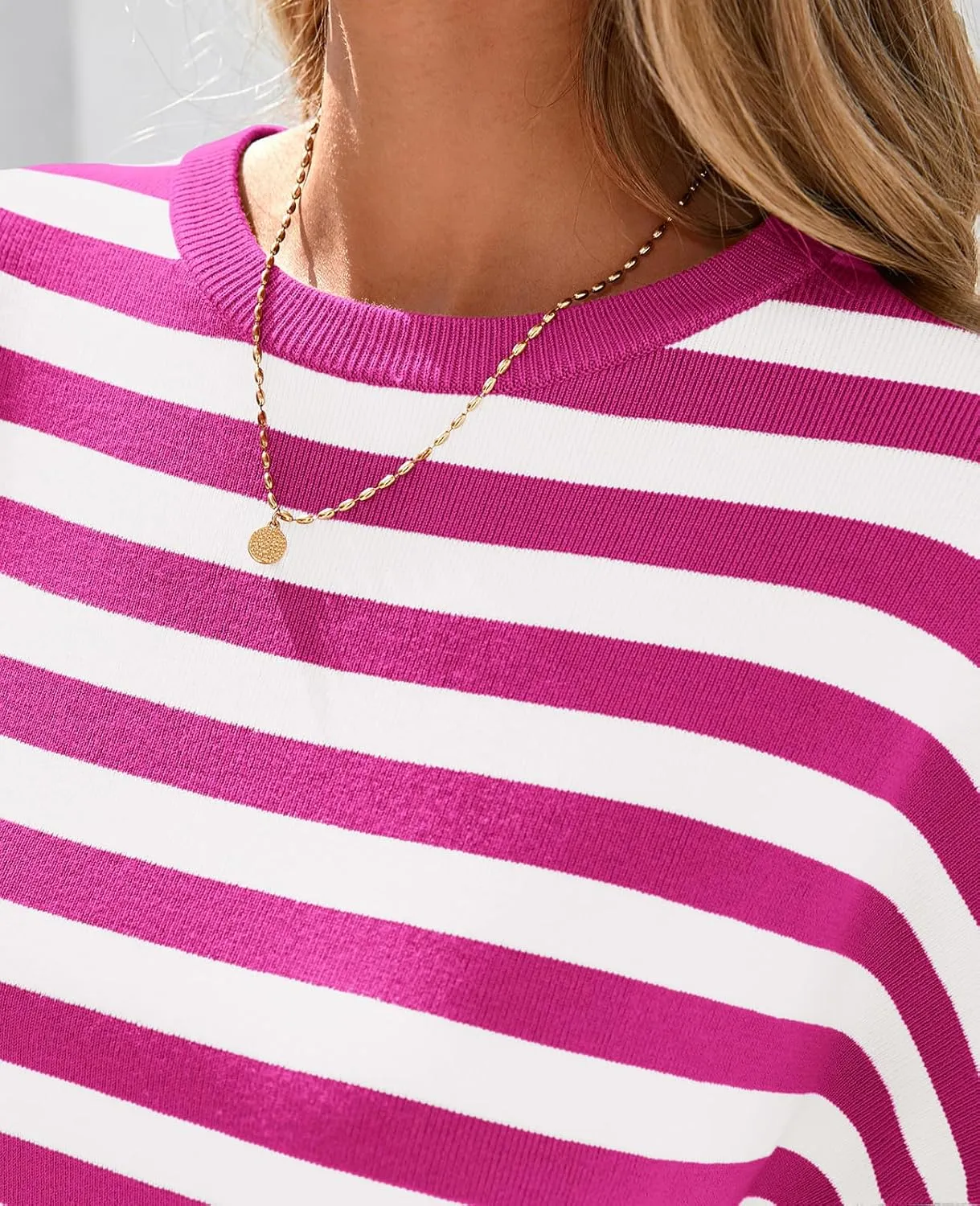 PRETTYGARDEN Womens Spring Summer Tops Fashion Striped Short Sleeve Sweater Crew Neck Lightweight Knit Oversized Shirts 2025
