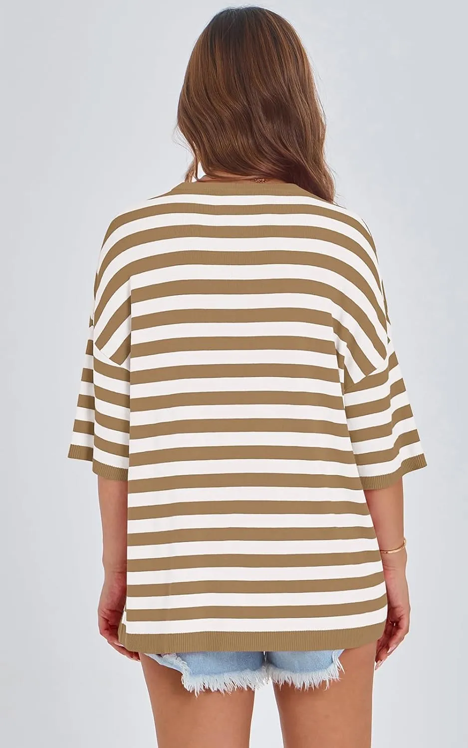 PRETTYGARDEN Womens Spring Summer Tops Fashion Striped Short Sleeve Sweater Crew Neck Lightweight Knit Oversized Shirts 2025