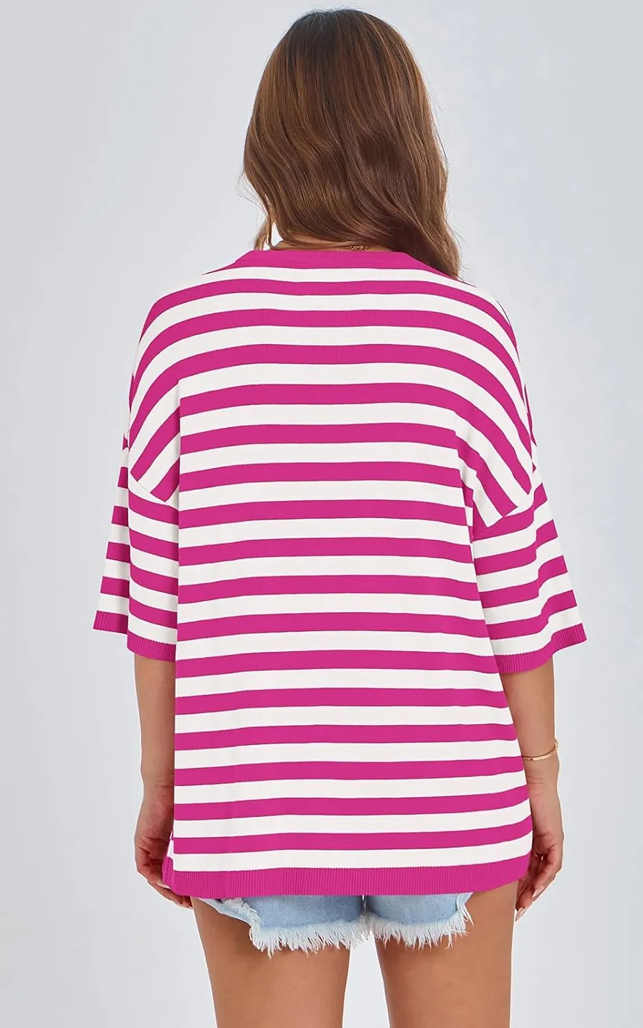 PRETTYGARDEN Womens Spring Summer Tops Fashion Striped Short Sleeve Sweater Crew Neck Lightweight Knit Oversized Shirts 2025