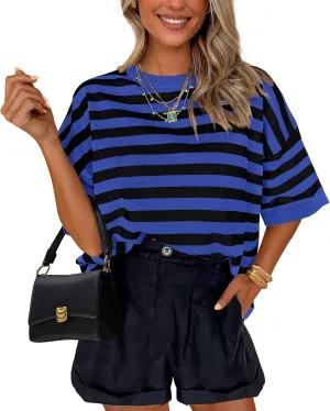 PRETTYGARDEN Womens Spring Summer Tops Fashion Striped Short Sleeve Sweater Crew Neck Lightweight Knit Oversized Shirts 2025