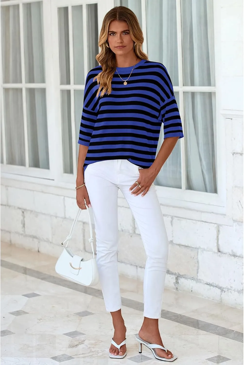 PRETTYGARDEN Womens Spring Summer Tops Fashion Striped Short Sleeve Sweater Crew Neck Lightweight Knit Oversized Shirts 2025