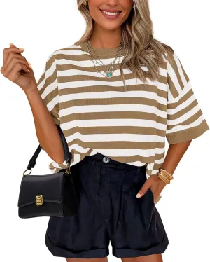 PRETTYGARDEN Womens Spring Summer Tops Fashion Striped Short Sleeve Sweater Crew Neck Lightweight Knit Oversized Shirts 2025