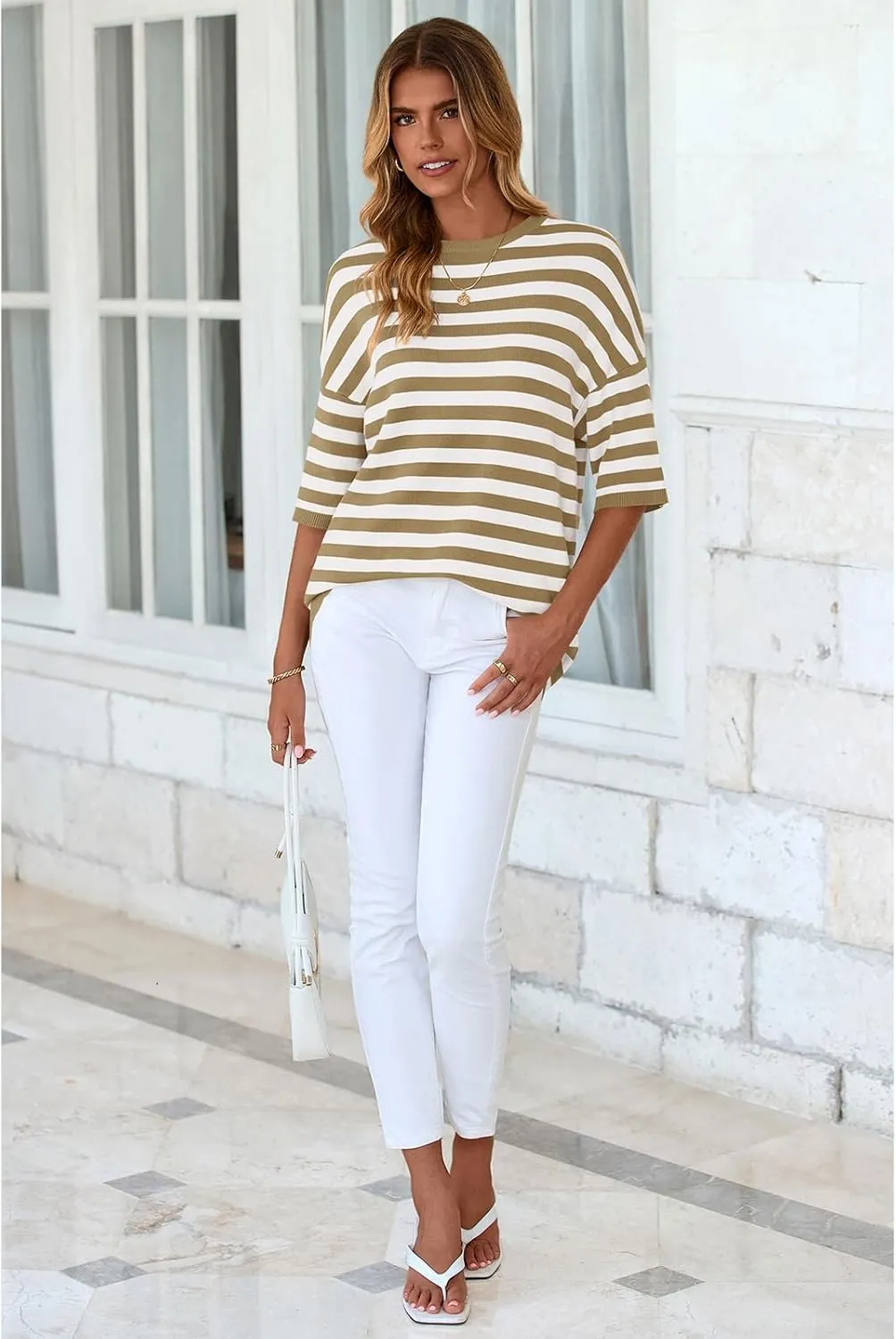PRETTYGARDEN Womens Spring Summer Tops Fashion Striped Short Sleeve Sweater Crew Neck Lightweight Knit Oversized Shirts 2025