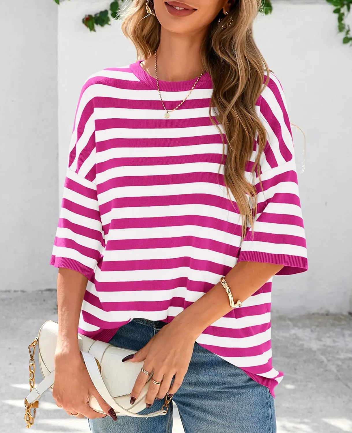 PRETTYGARDEN Womens Spring Summer Tops Fashion Striped Short Sleeve Sweater Crew Neck Lightweight Knit Oversized Shirts 2025