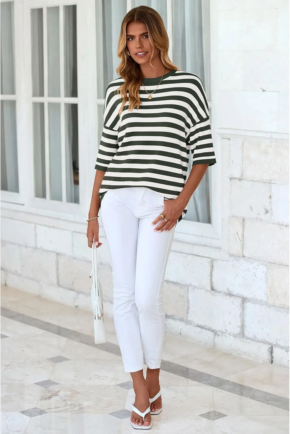 PRETTYGARDEN Womens Spring Summer Tops Fashion Striped Short Sleeve Sweater Crew Neck Lightweight Knit Oversized Shirts 2025