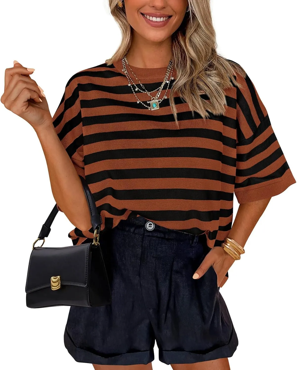 PRETTYGARDEN Womens Spring Summer Tops Fashion Striped Short Sleeve Sweater Crew Neck Lightweight Knit Oversized Shirts 2025