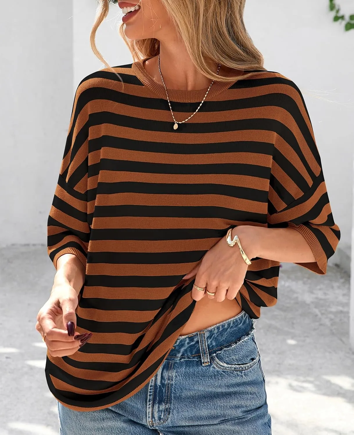 PRETTYGARDEN Womens Spring Summer Tops Fashion Striped Short Sleeve Sweater Crew Neck Lightweight Knit Oversized Shirts 2025
