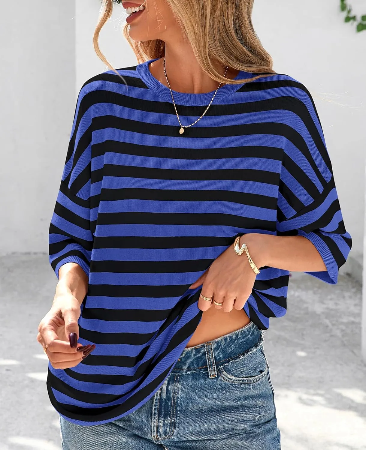 PRETTYGARDEN Womens Spring Summer Tops Fashion Striped Short Sleeve Sweater Crew Neck Lightweight Knit Oversized Shirts 2025