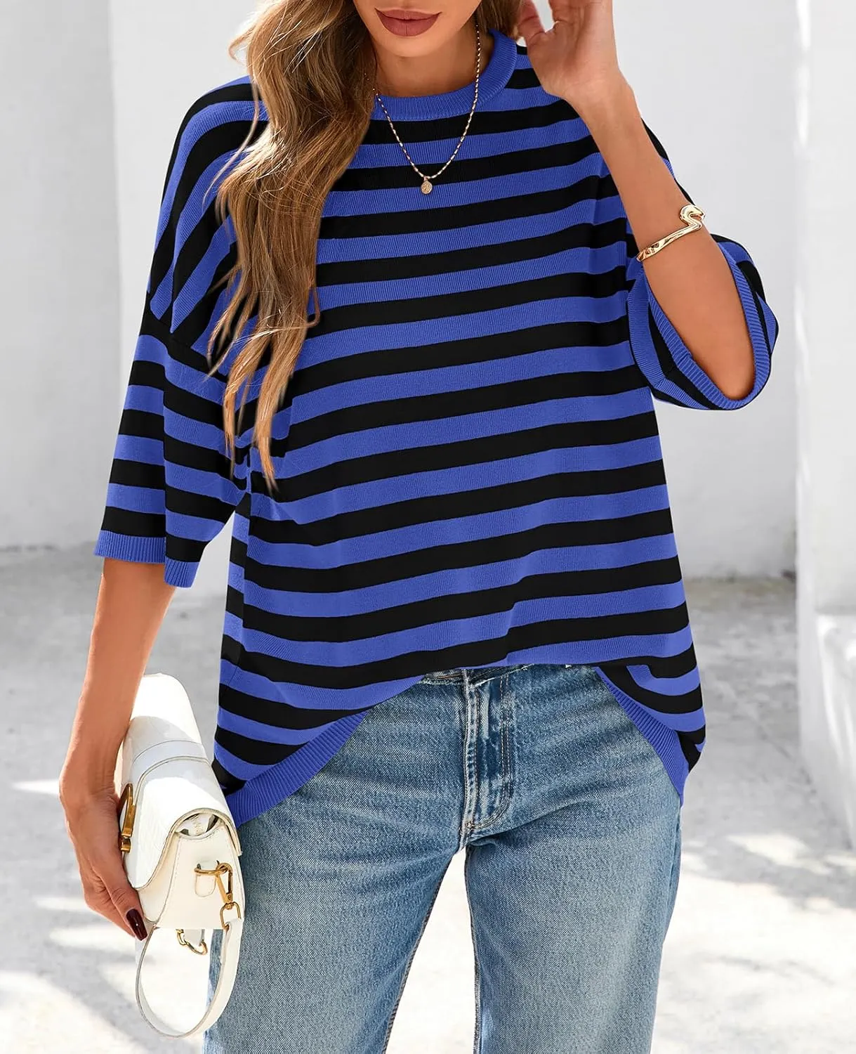 PRETTYGARDEN Womens Spring Summer Tops Fashion Striped Short Sleeve Sweater Crew Neck Lightweight Knit Oversized Shirts 2025