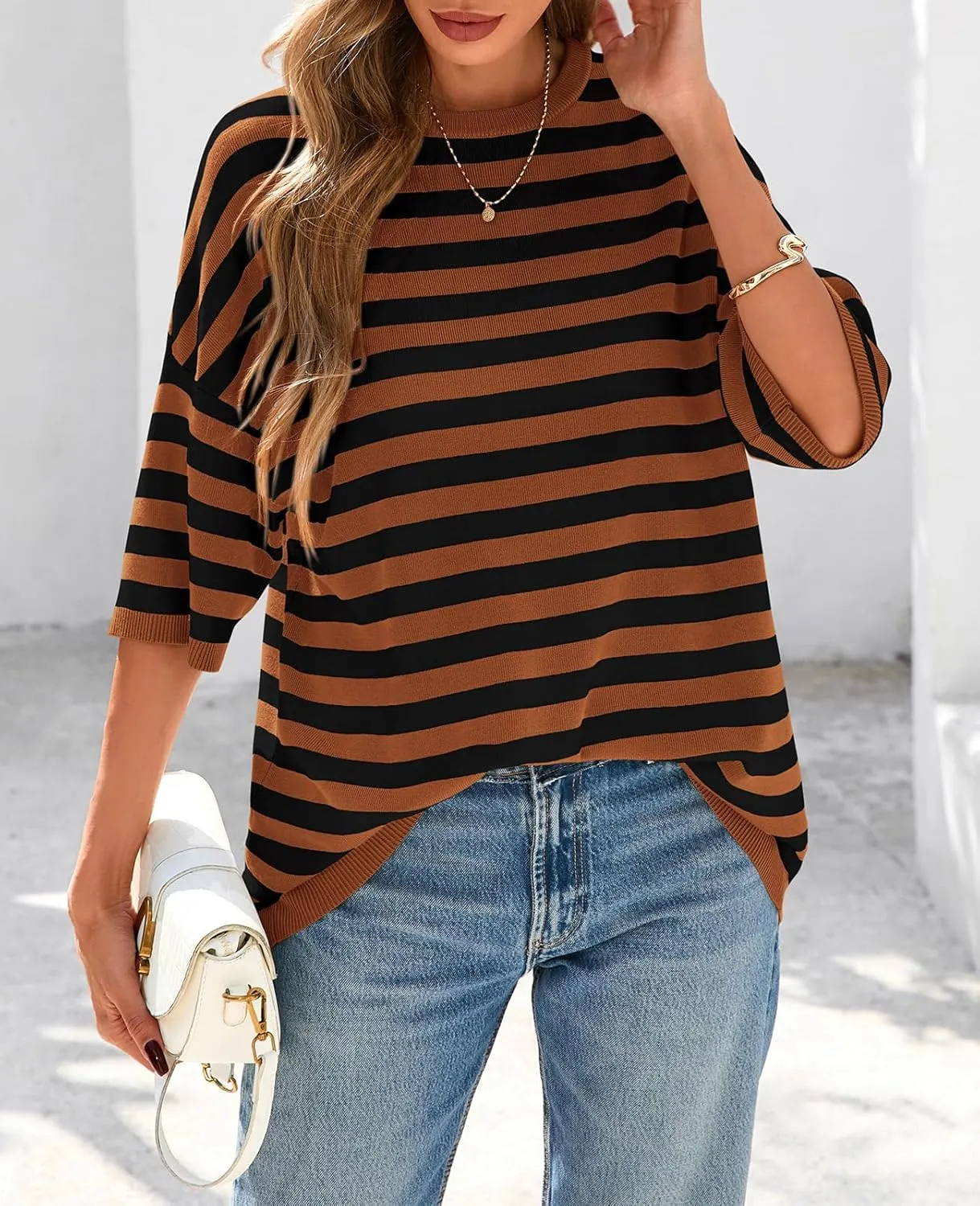 PRETTYGARDEN Womens Spring Summer Tops Fashion Striped Short Sleeve Sweater Crew Neck Lightweight Knit Oversized Shirts 2025