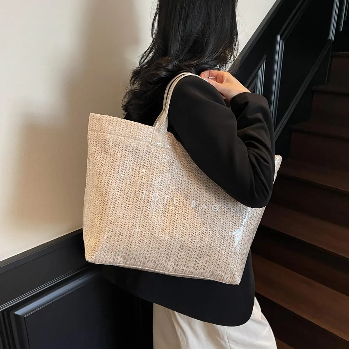 PVC Tote Bag for Women,Large Work Tote Bag Woven Handbags Summer Beach Purse Straw Purse Clear Plastic Hobo Bags