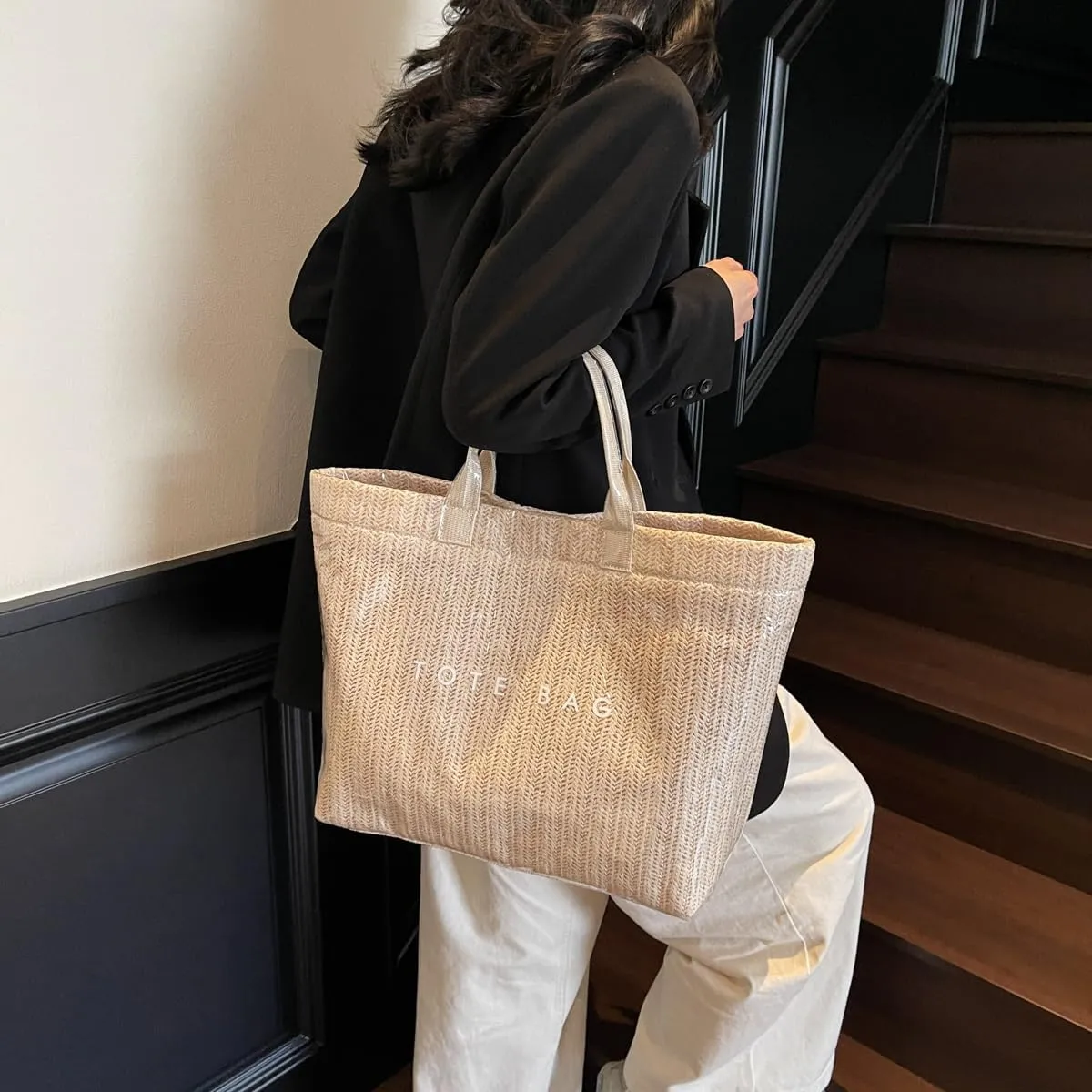 PVC Tote Bag for Women,Large Work Tote Bag Woven Handbags Summer Beach Purse Straw Purse Clear Plastic Hobo Bags