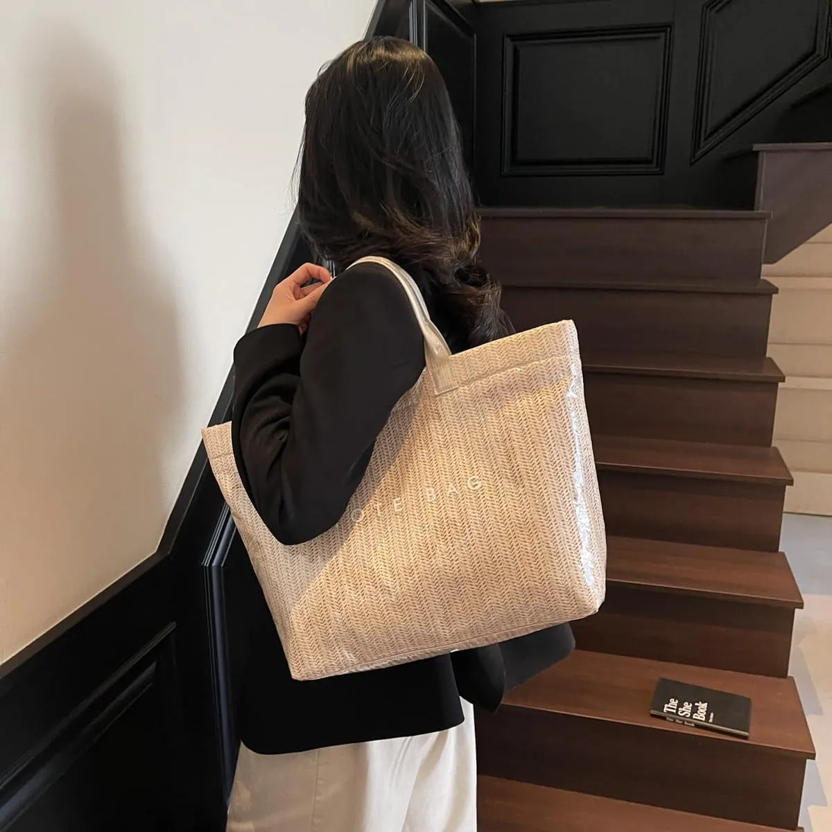 PVC Tote Bag for Women,Large Work Tote Bag Woven Handbags Summer Beach Purse Straw Purse Clear Plastic Hobo Bags