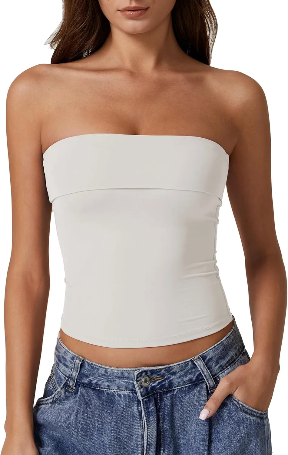 QINSEN Women's Tube Tops Strapless Bandeau Tops Double Lined Slim Fit Summer Going Out Tank Tops