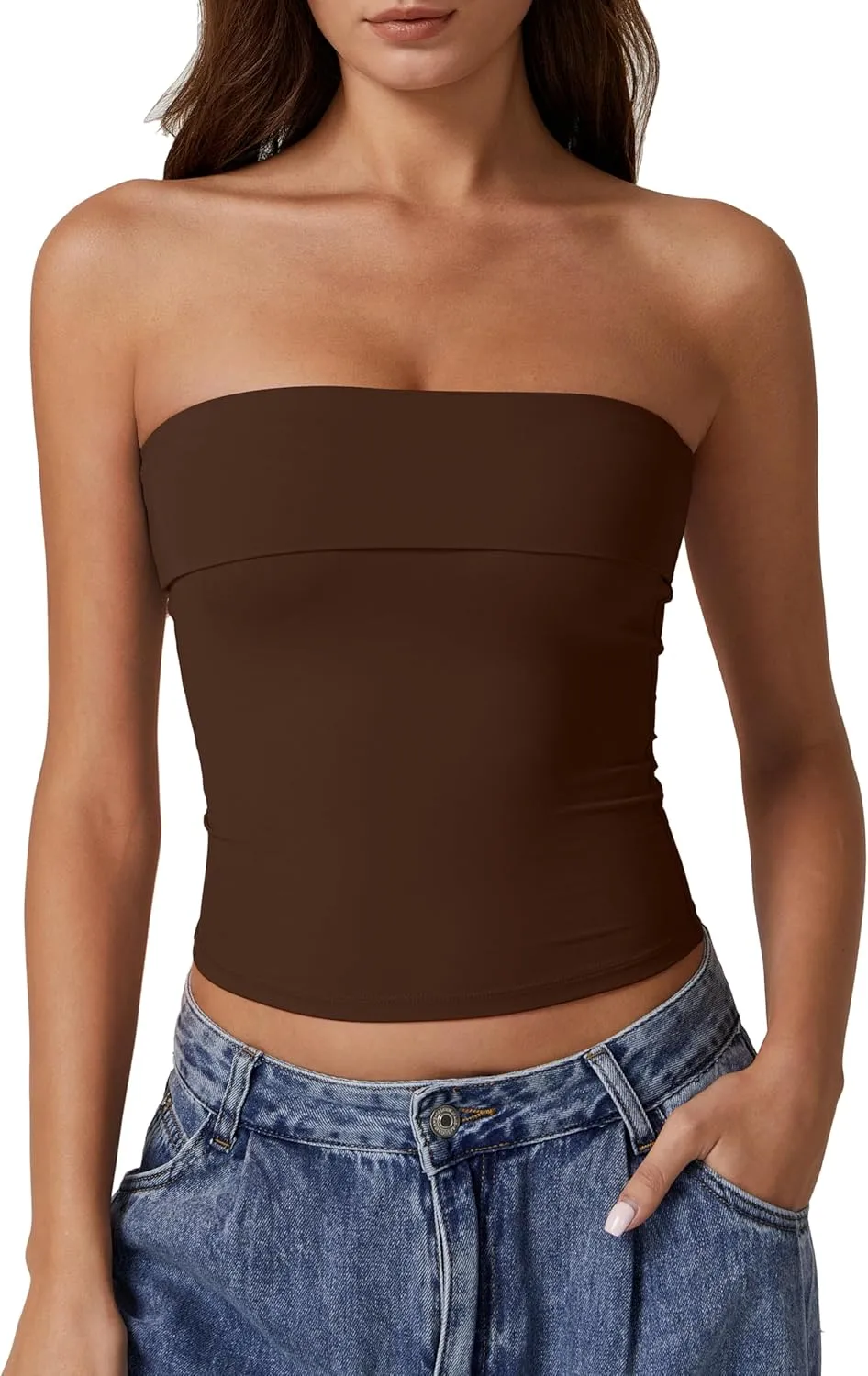 QINSEN Women's Tube Tops Strapless Bandeau Tops Double Lined Slim Fit Summer Going Out Tank Tops