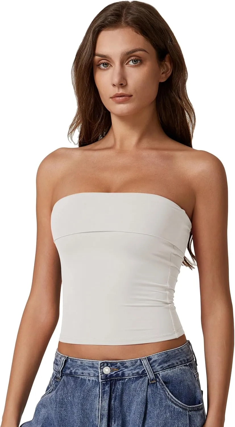 QINSEN Women's Tube Tops Strapless Bandeau Tops Double Lined Slim Fit Summer Going Out Tank Tops