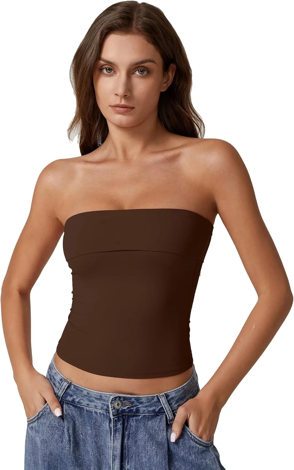 QINSEN Women's Tube Tops Strapless Bandeau Tops Double Lined Slim Fit Summer Going Out Tank Tops