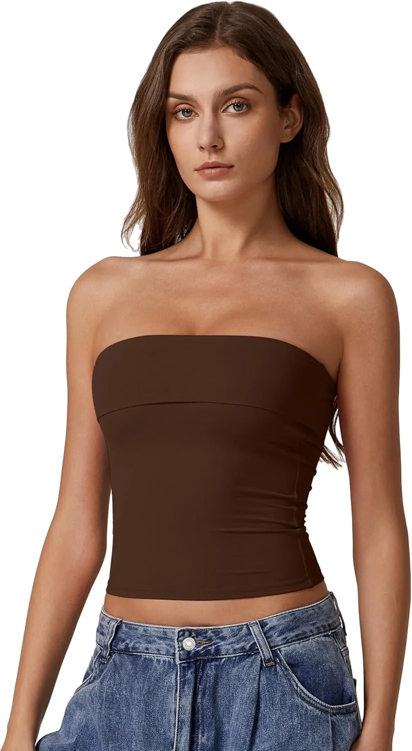 QINSEN Women's Tube Tops Strapless Bandeau Tops Double Lined Slim Fit Summer Going Out Tank Tops