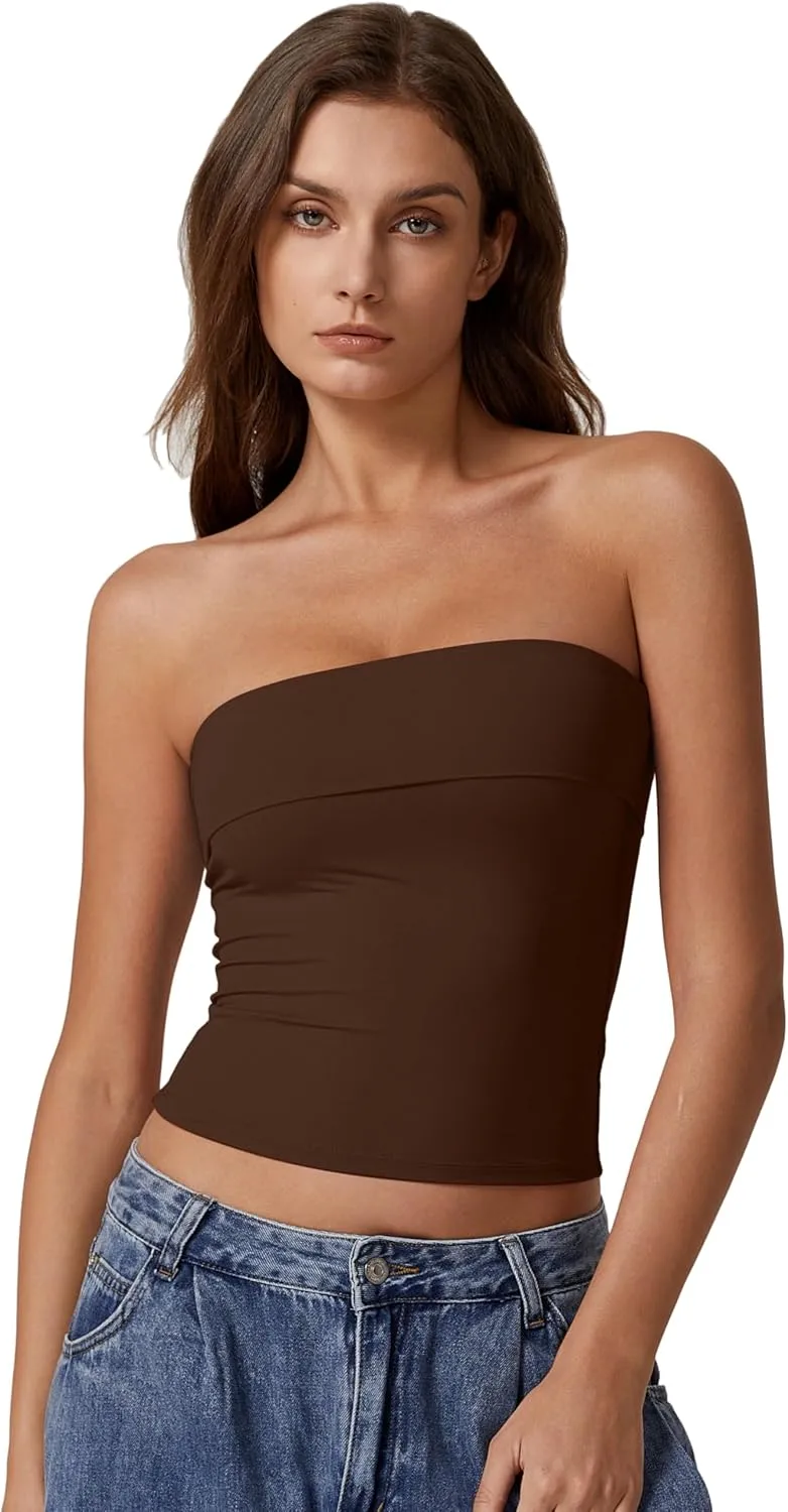 QINSEN Women's Tube Tops Strapless Bandeau Tops Double Lined Slim Fit Summer Going Out Tank Tops