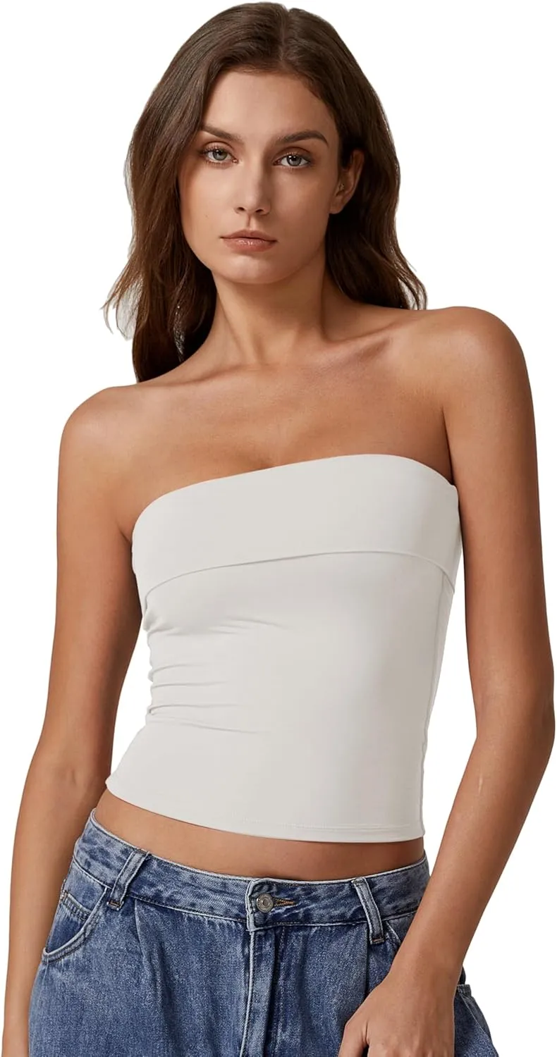 QINSEN Women's Tube Tops Strapless Bandeau Tops Double Lined Slim Fit Summer Going Out Tank Tops