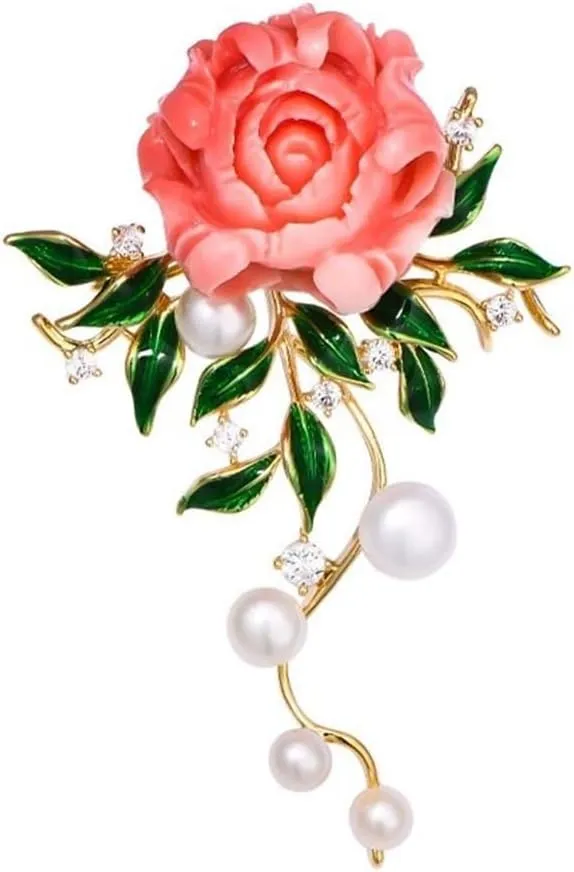 Red Resin Peony Flower Pin with Green Enamel Leaves, Elegant Pearl Accent, Pink Peony Flower, Floral Dress Accessory