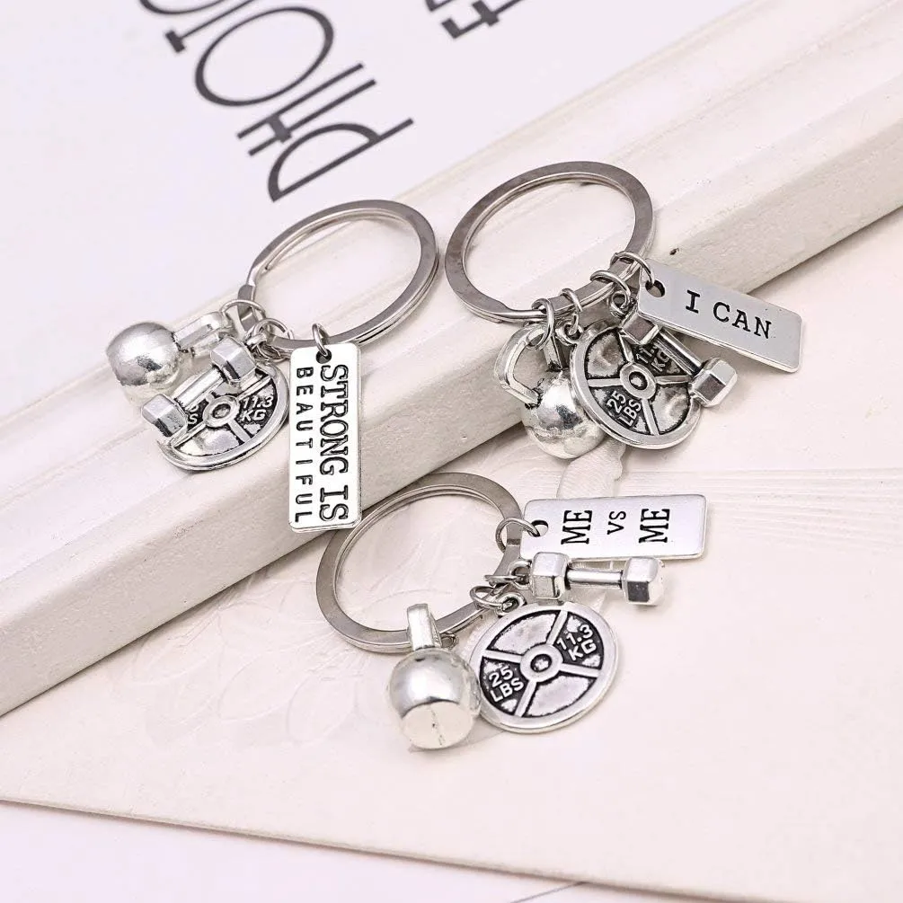 RINHOO Stainless Steel Fitness Gym Charm Keychains Quotes Weight Plate Dumbbell Kettlebell CharmsKeyring