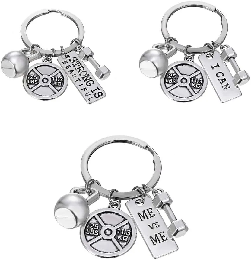 RINHOO Stainless Steel Fitness Gym Charm Keychains Quotes Weight Plate Dumbbell Kettlebell CharmsKeyring