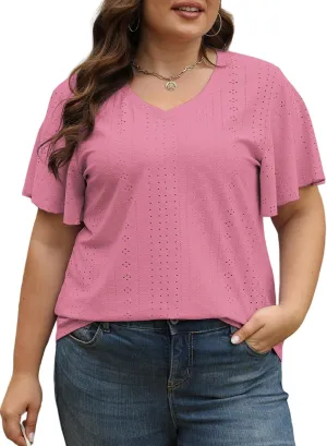 ROSRISS Plus-Size-Tops for Women Hollow Casual V Neck Loose Fit Short Sleeve Shirts