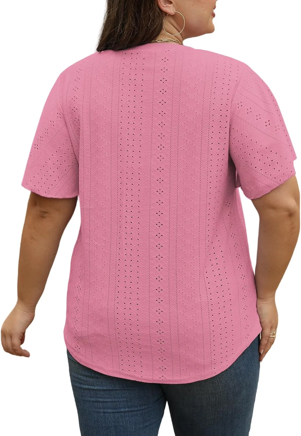 ROSRISS Plus-Size-Tops for Women Hollow Casual V Neck Loose Fit Short Sleeve Shirts